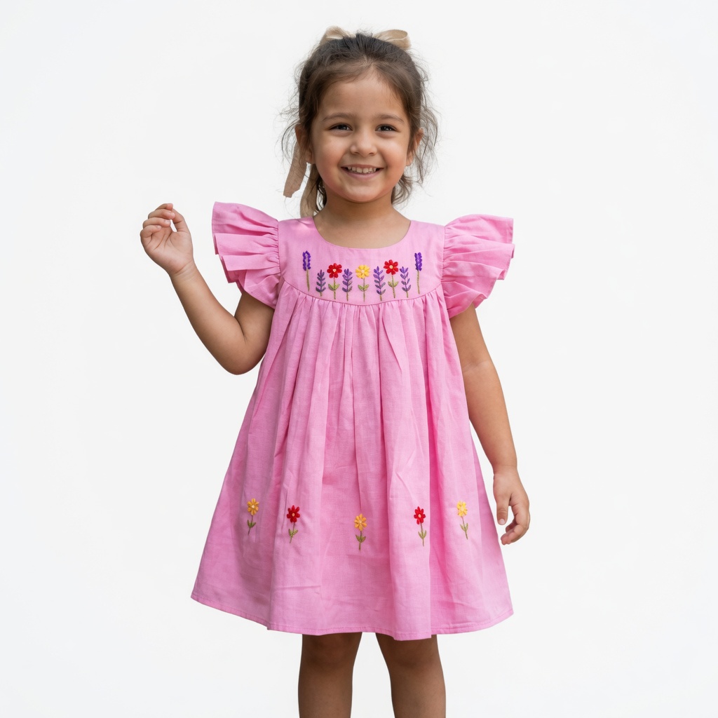 Vibrant Pink Floral Hand-Embroidered Cotton Dress