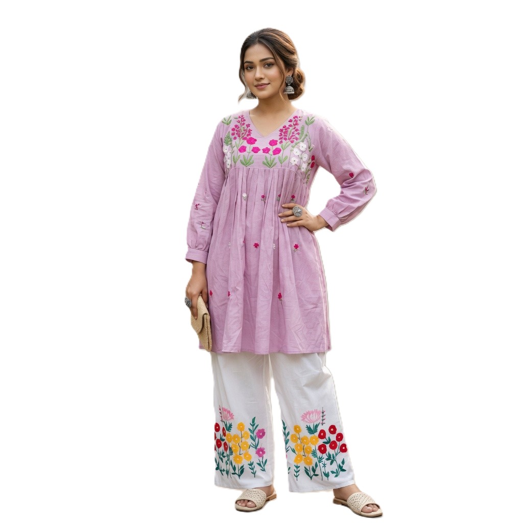 Orchid Bloom Hand-Embroidered Cotton Co-ord Set