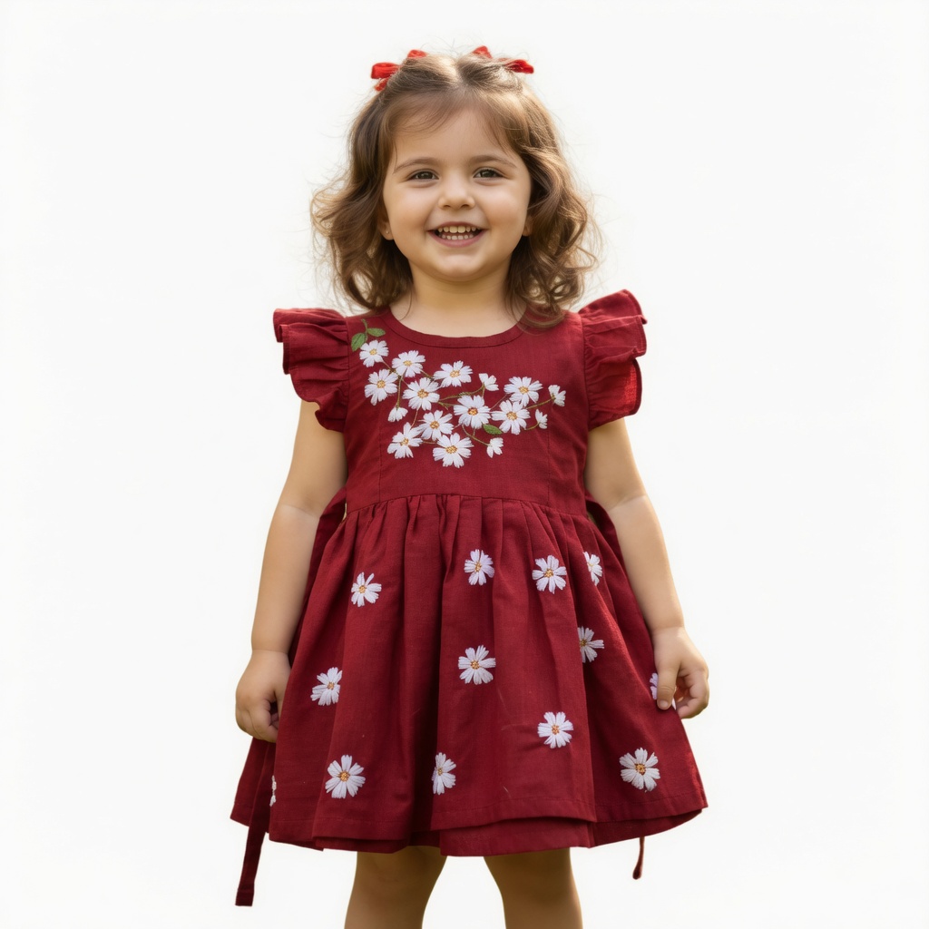 Crimson Daisy Hand-Embroidered Cotton Dress for Girls