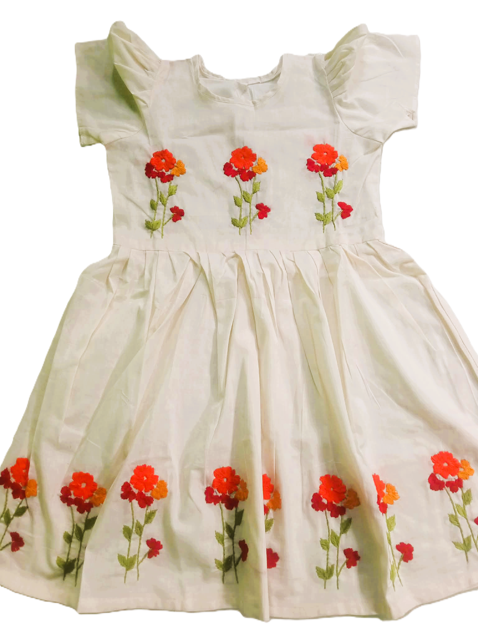 Off-white cotton dress for girls featuring red and orange hand-embroidered floral motifs.