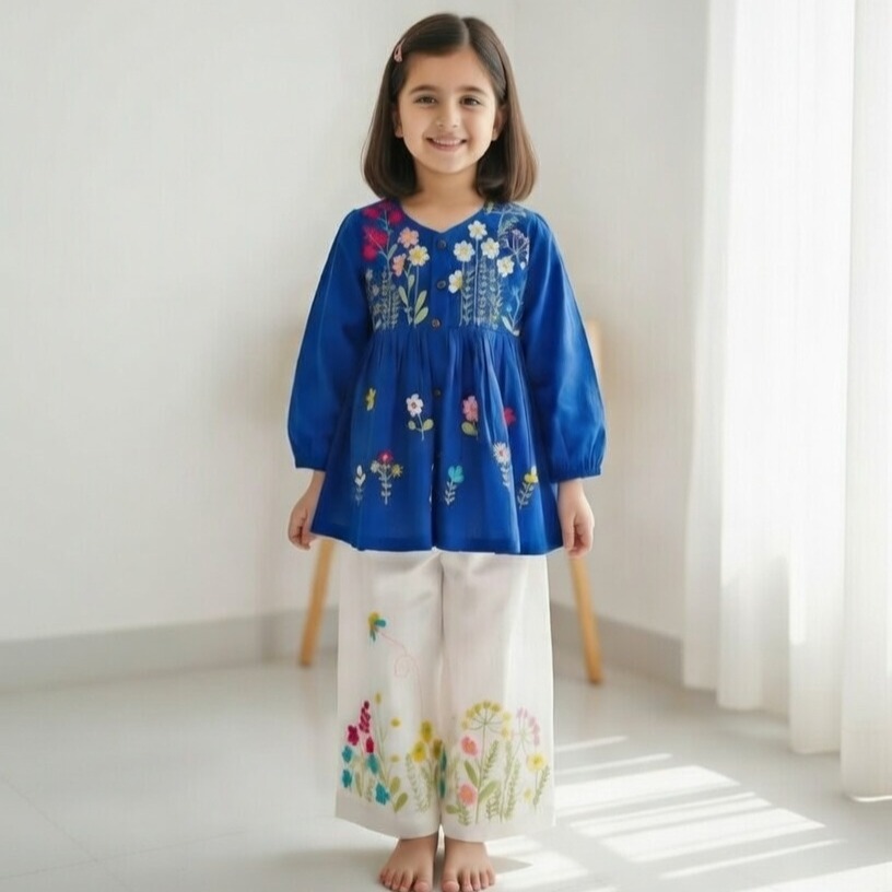 Ivory cotton girls' dress with vibrant yellow and orange hand-embroidered floral patterns.