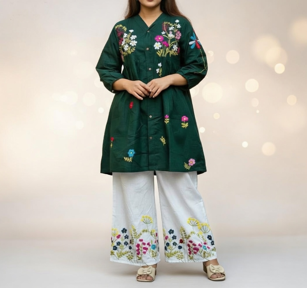 Emerald Bloom Embroidered Kurti & Palazzo Set