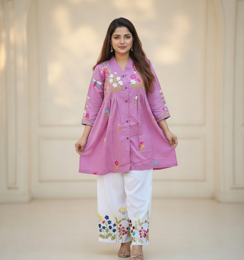 Lilac purple hand-embroidered cotton tunic with white floral trousers co-ord set.