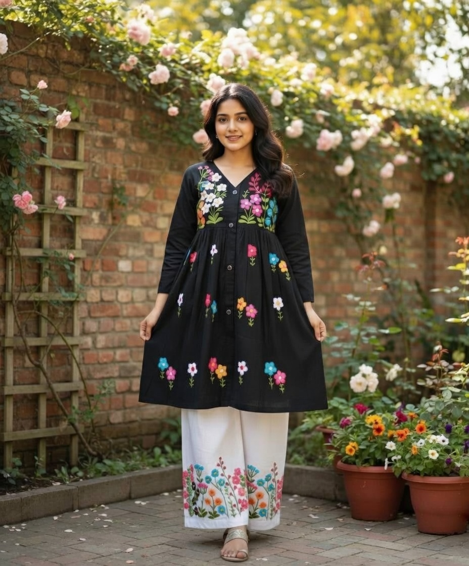 Jet black hand-embroidered cotton tunic with multi-colored floral embroidery and white trousers.