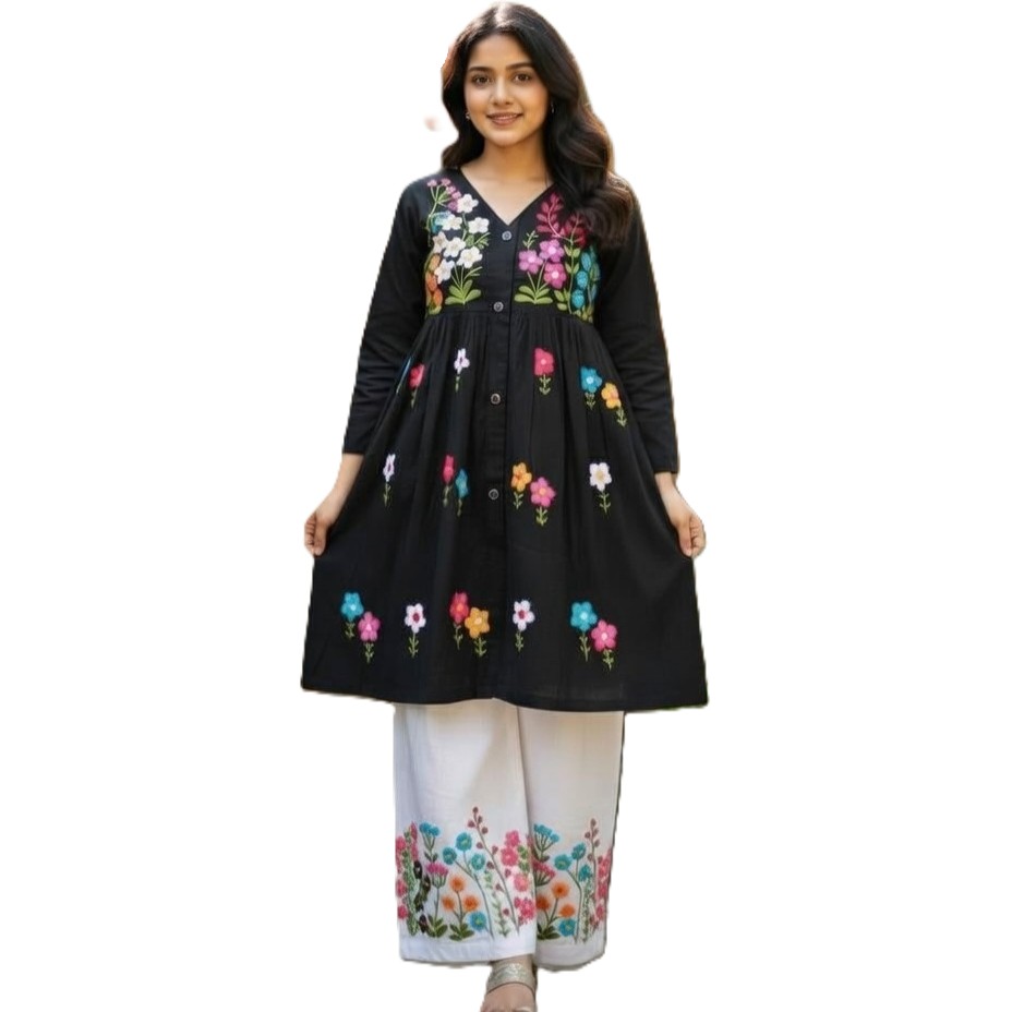 Midnight Bloom Hand-Embroidered Cotton Co-ord Set