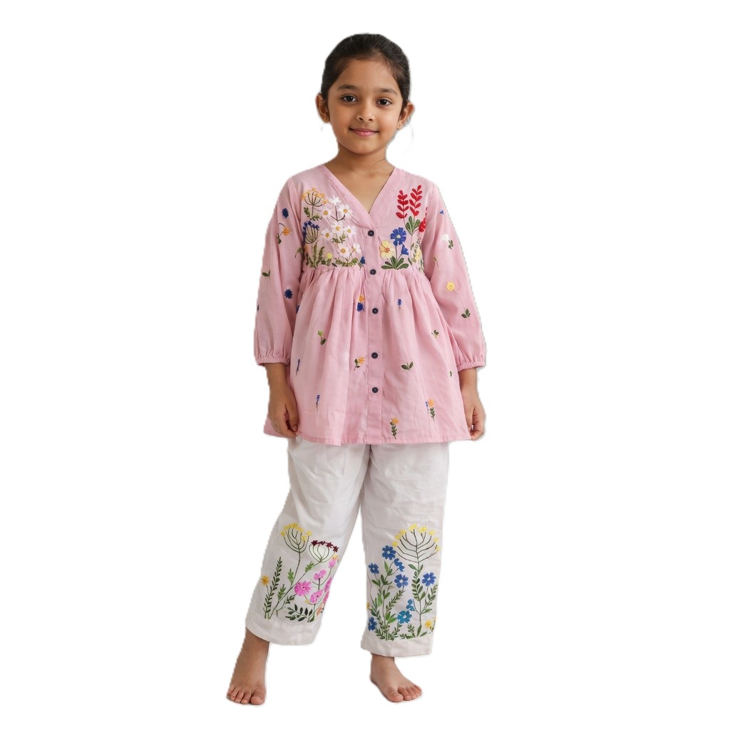 Blush Pink Blossom Hand-Embroidered Cotton Co-ord Set