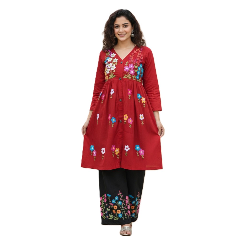 Crimson Floral Hand-Embroidered Cotton Co-ord Set