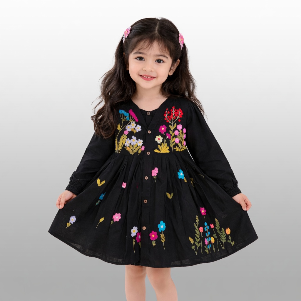 Ebony Bloom Hand-Embroidered Cotton Dress for Girls