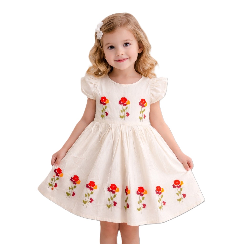 Ivory Radiance Hand-Embroidered Cotton Dress for Girls