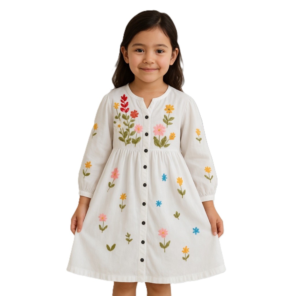 Ivory Garden Hand-Embroidered Cotton Button-Down Dress