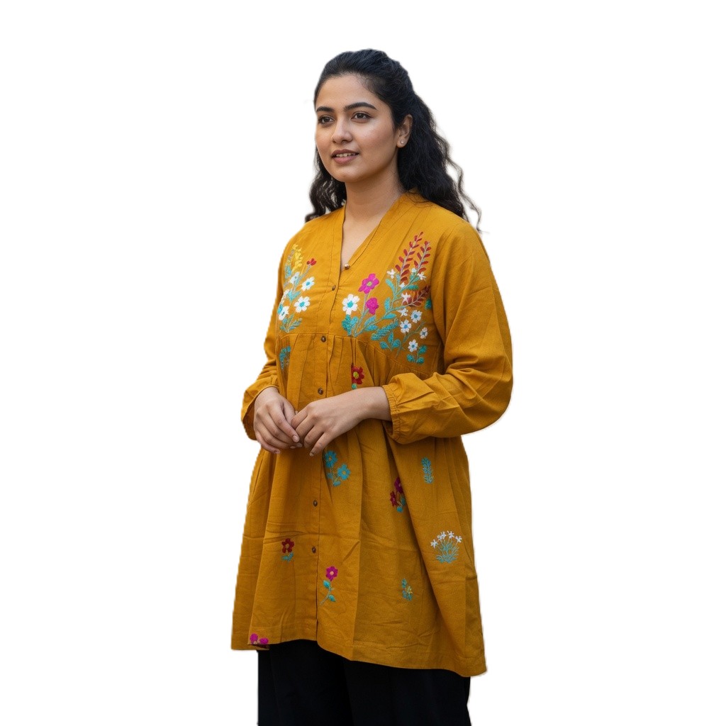 Mustard Bloom Hand-Embroidered Cotton Co-ord Set