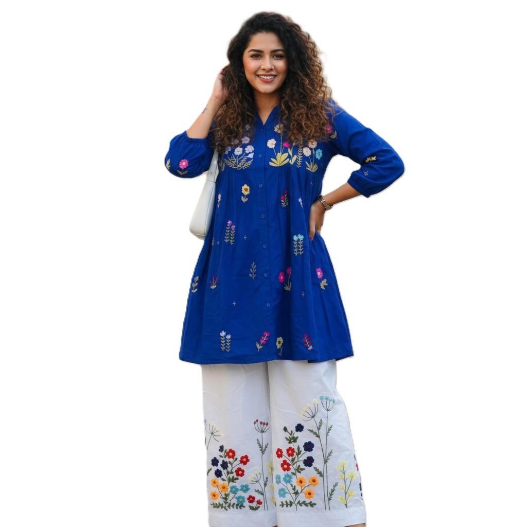 Royal Azure Hand-Embroidered Cotton Co-ord Set
