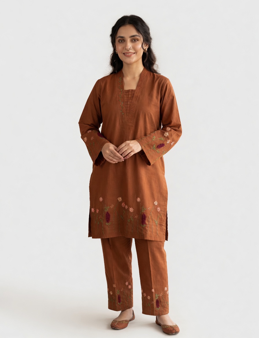 Hand Embroidered Cotton Slub Matching Co-Ord Set