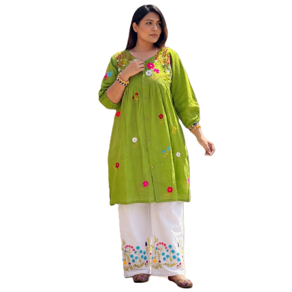 Lime Garden Hand-Embroidered Cotton Co-ord Set