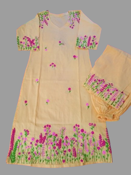 Floral Embroidered Cream Kurti