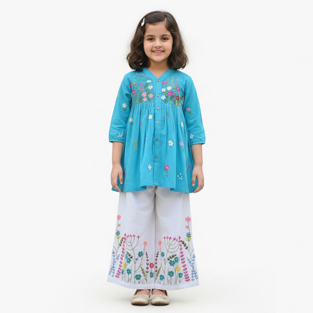 Turquoise Blossom Hand-Embroidered Cotton Co-ord Set for Girls