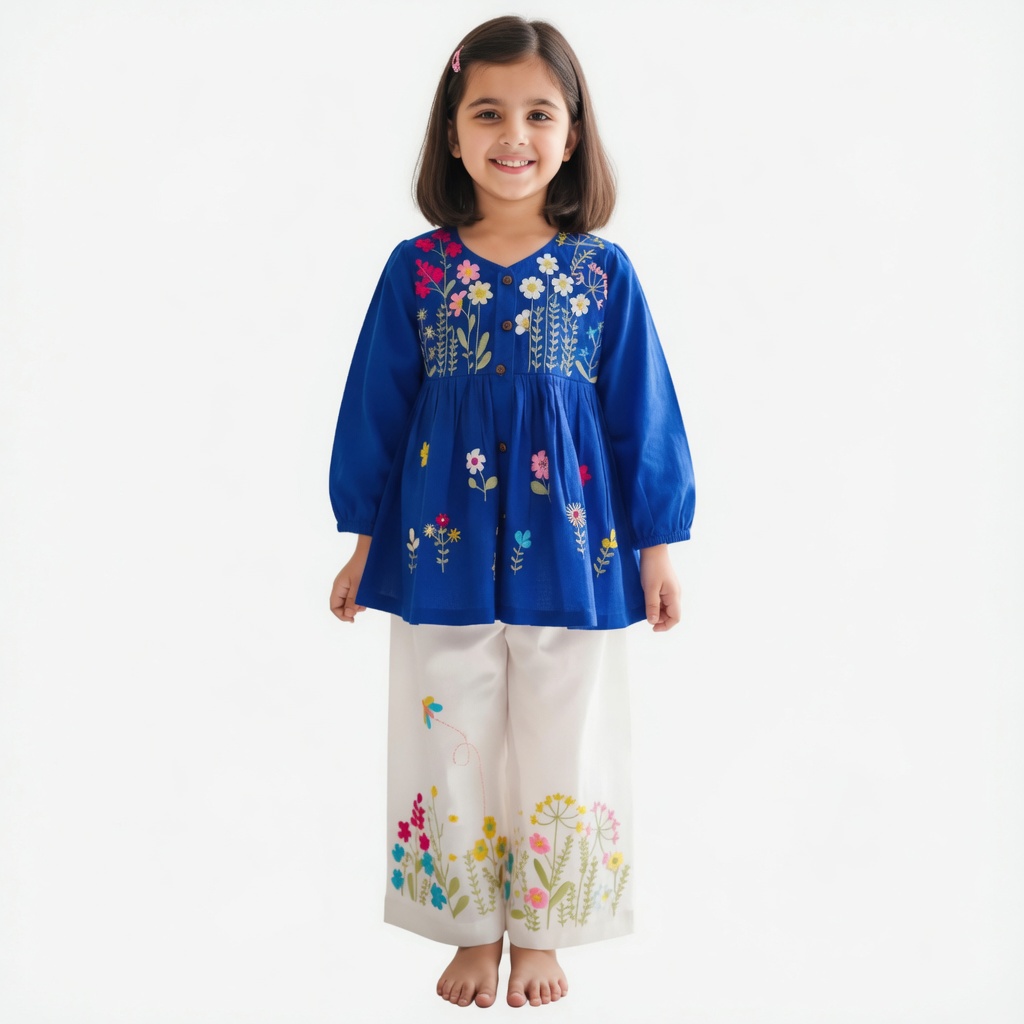 Royal Blue Blossom Hand-Embroidered Cotton Co-ord Set for Girls