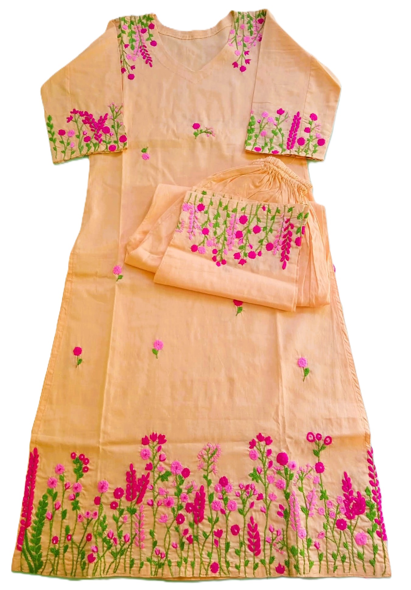 Cream-colored cotton kurti for women with delicate white-on-white floral hand embroidery.