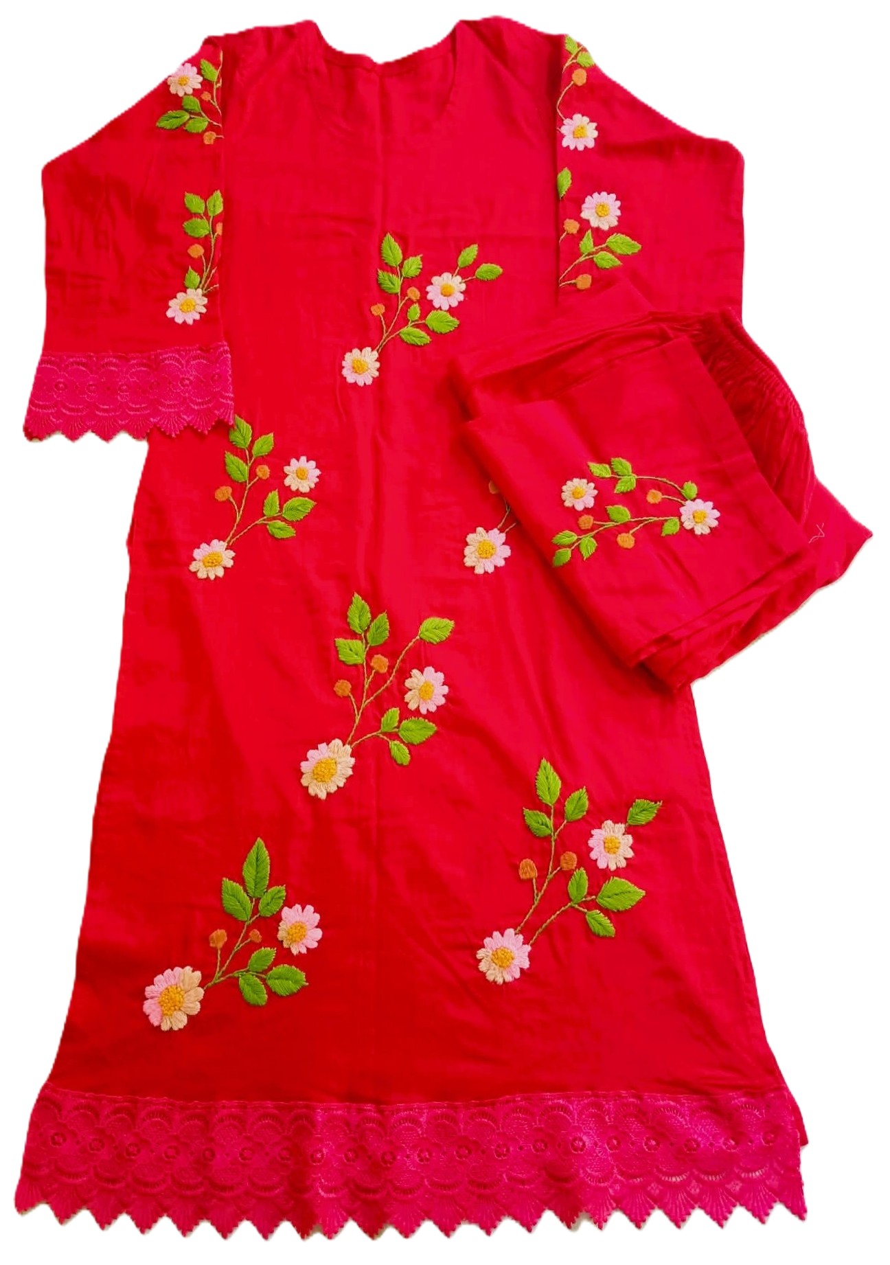 Crimson red cotton kurti for women with vibrant white and orange floral hand embroidery.