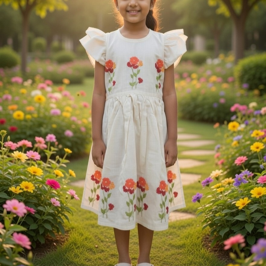Off-white cotton dress for girls featuring red and orange hand-embroidered floral motifs.
