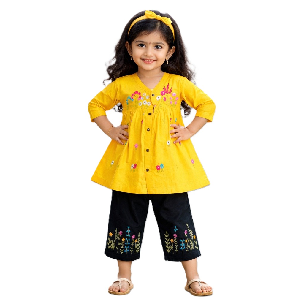 Marigold Meadow Hand-Embroidered Cotton Co-ord Set for Girls