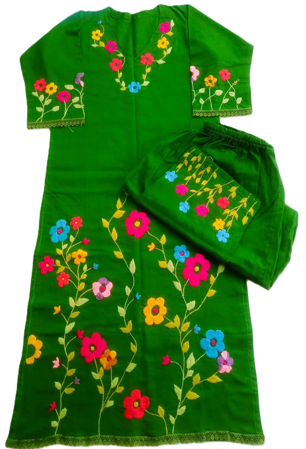 Jet black cotton girls' dress with vibrant red and orange hand-embroidered floral motifs.