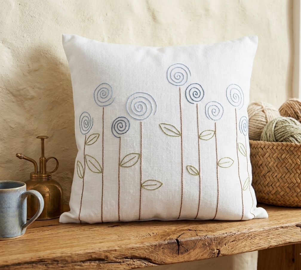 The Blossom Spiral Hand-Embroidered Cotton Cushion Cover