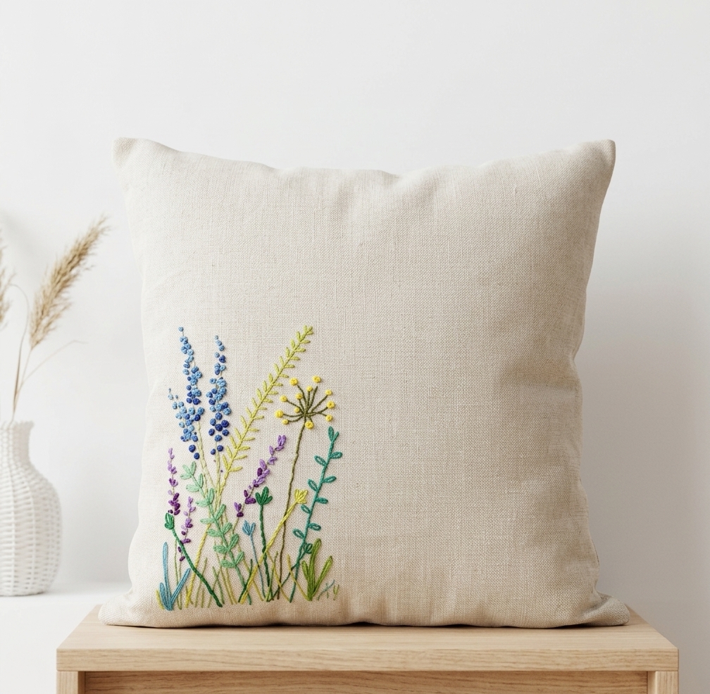 The Enchanted Meadow Hand-Embroidered Cotton Cushion Cover