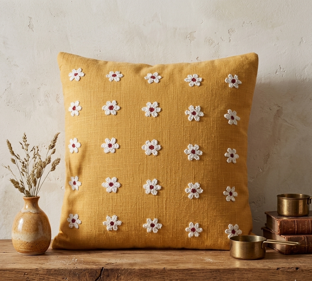 Premium mustard yellow cotton cushion cover featuring a grid pattern of hand-stitched white daisies with maroon centers