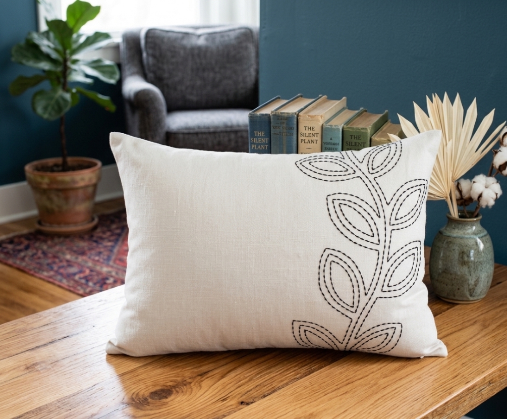 The Outline Leaf Hand-Embroidered Cotton Lumbar Cushion Cover