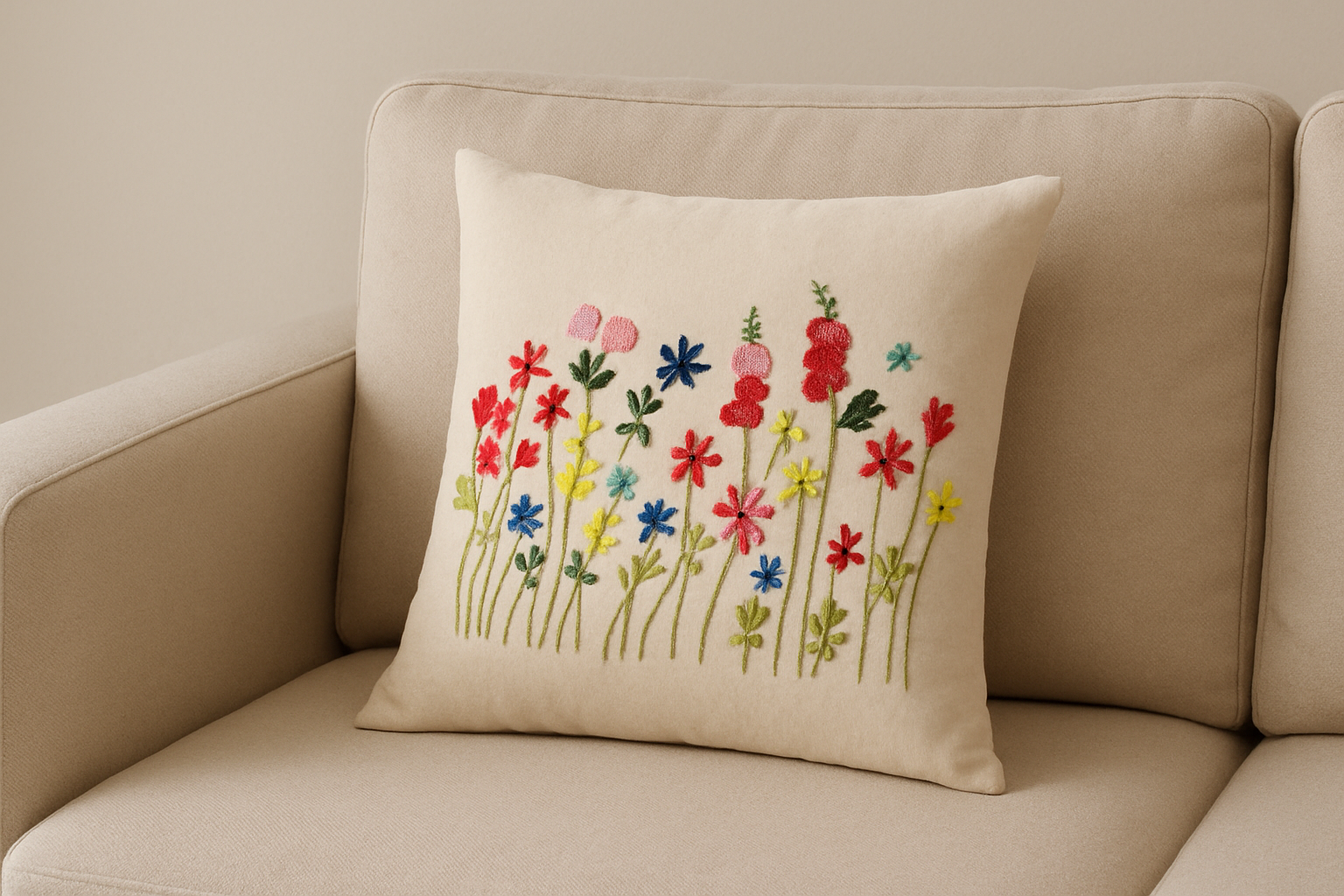 The Pastel Meadow Hand-Embroidered Cotton Cushion Cover