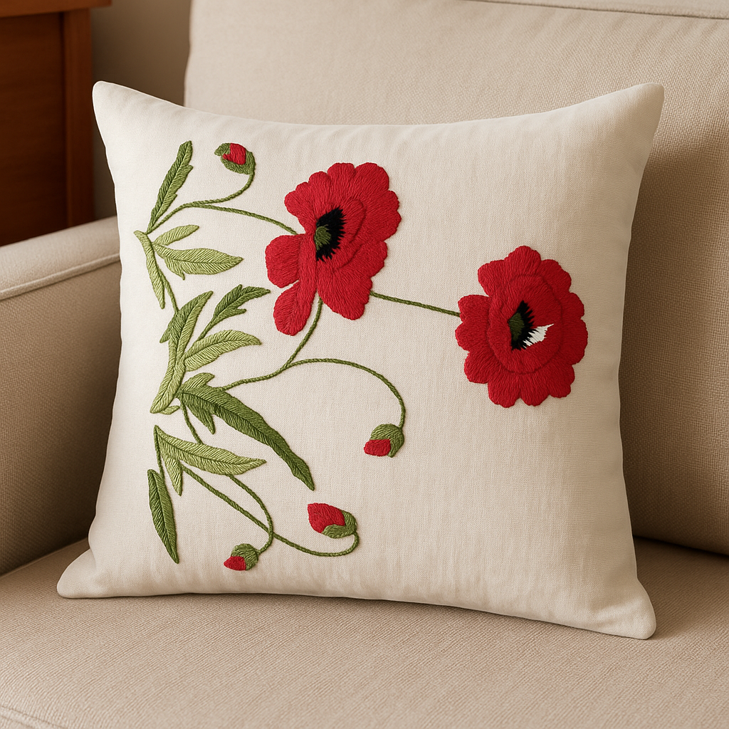 The Scarlet Poppy Hand-Embroidered Cotton Cushion Cover
