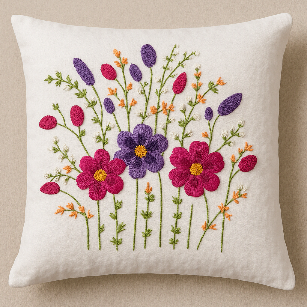 The Summer Meadow Hand-Embroidered Cotton Cushion Cover