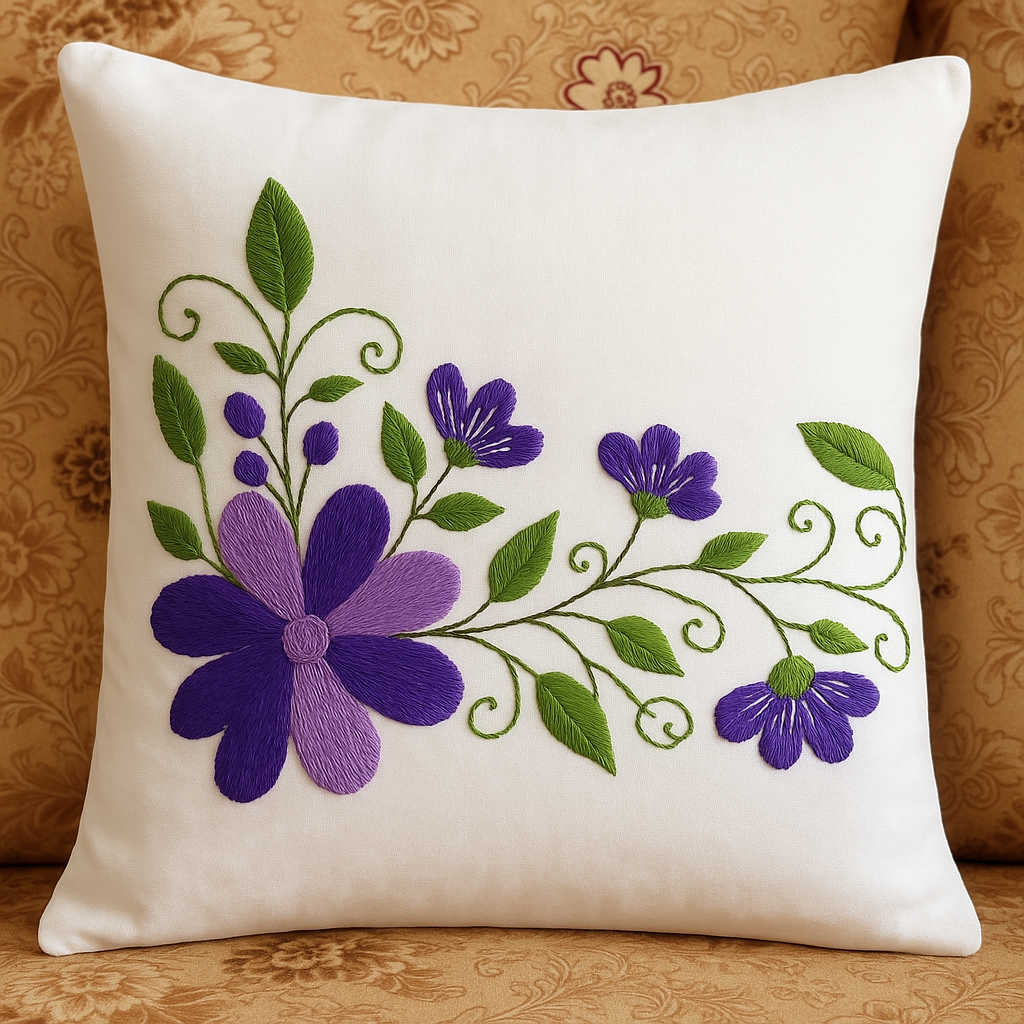 The Violet Vine Hand-Embroidered Cotton Cushion Cover