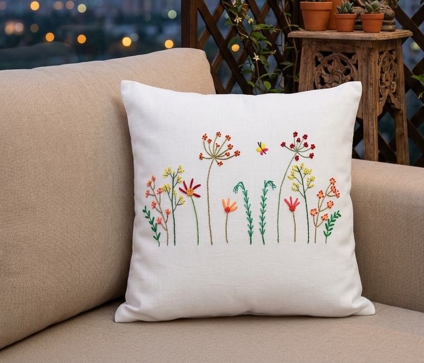 The Whispering Meadow Hand-Embroidered Cotton Cushion Cover