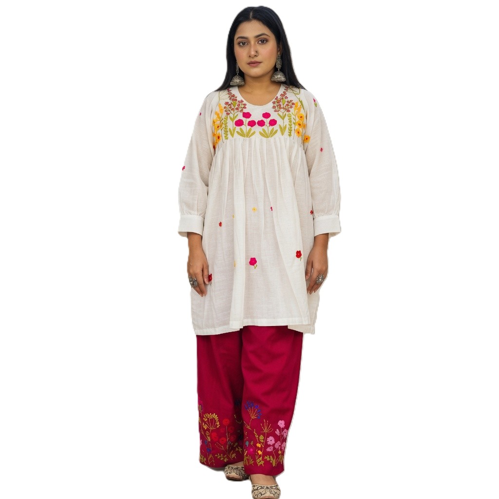 Ivory Blossom Hand-Embroidered Cotton Co-ord Set